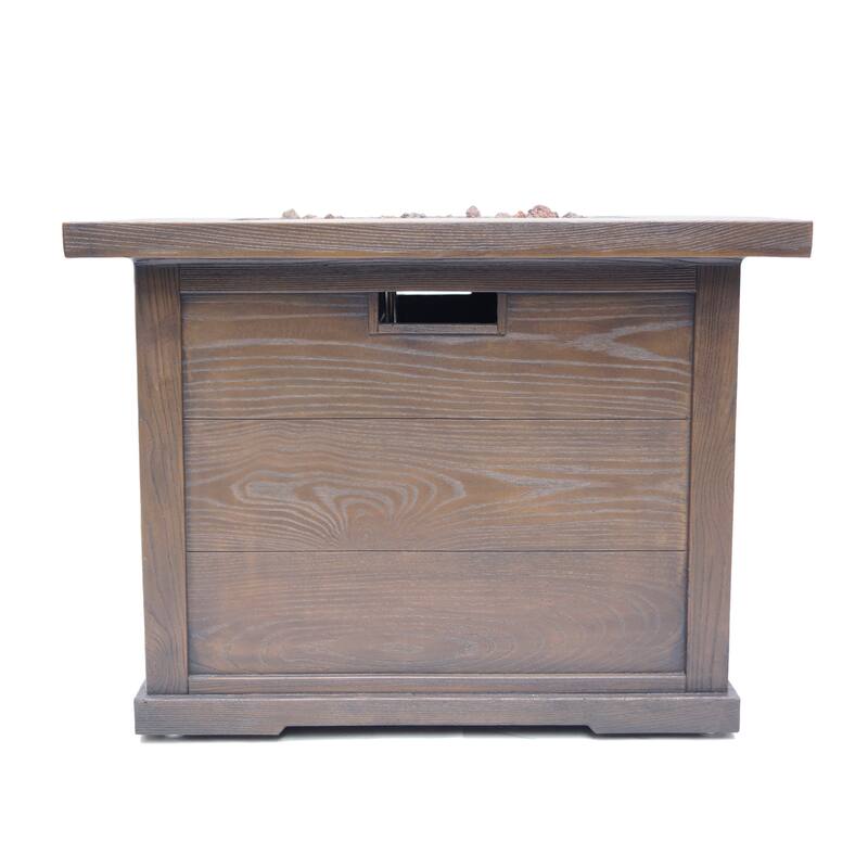 Roomfitters Outdoor Gas Fire Pit Table with Wood-Look Design, Square Propane Fire Pit with Lava Rocks, Brown