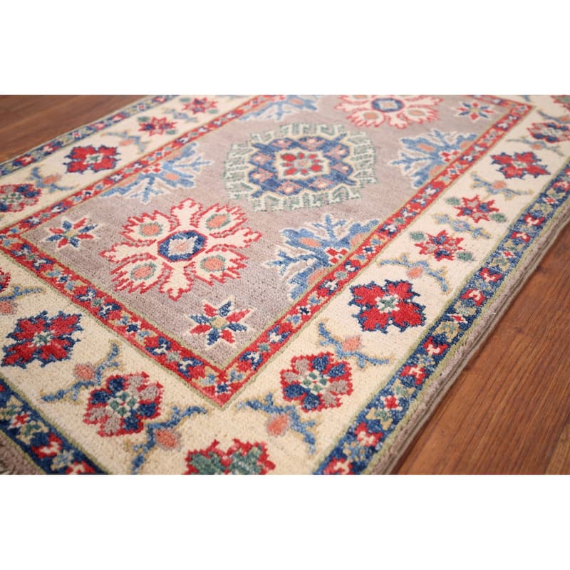 Hand Knotted Oriental 100% Wool Carpet Traditional Geometric Greys & Charcoal Kazak Area Rug - 3' 0'' X 2' 0''