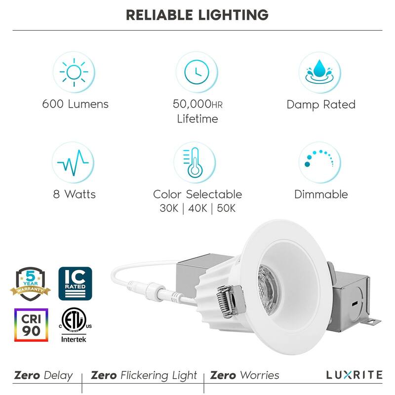 Luxrite 2" LED Recessed Light with J-Box, 3 Color Option 3000K/4000K/5000K, Dimmable 8W, 600 Lumens, Damp Rated 4 Pack - 4 Pack