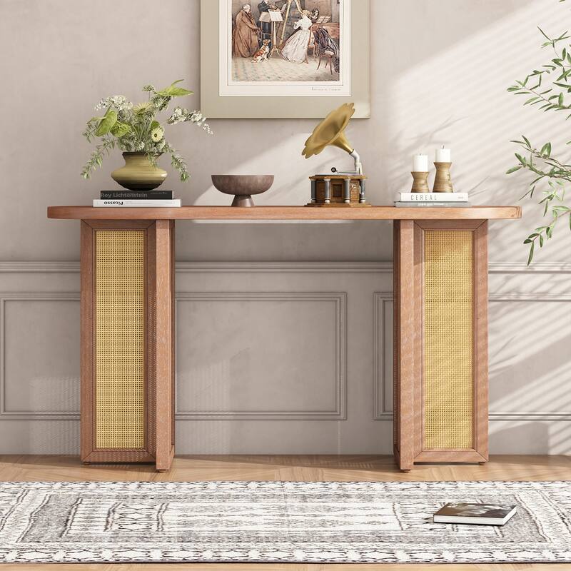 Rattan Console Table Entryway Table,Natural Wood Wash
