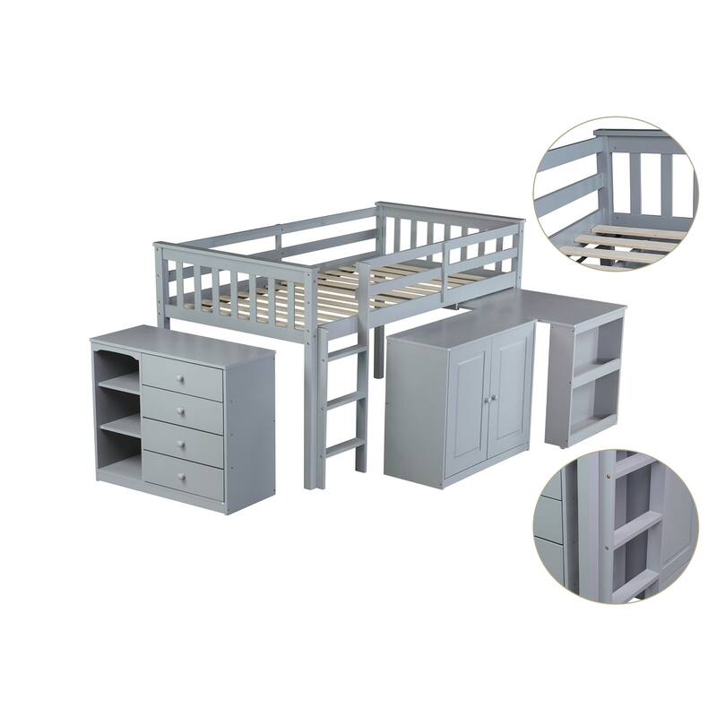 Twin Rubber Wood Loft Bed with Shelf Storage Cabinet and Pulling-Out Desk