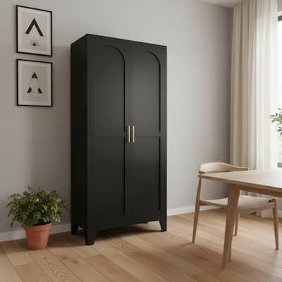 HomeRoots 61" Black Stainless Steel Pantry Or Storage Closet With Arched Panel Doors - 27.60 in. x 61.00 in. x 13.80 in.