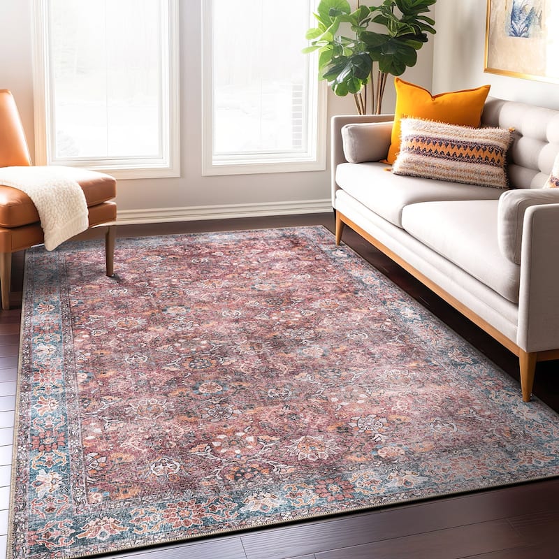 World Rug Gallery Transitional Bordered Vintage Machine Washable Non Slip Area Rug - 7' 7" x 9' 6" - Multi - Rectangle