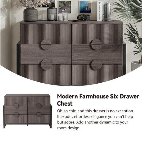 COZAYH Farmhouse Fluted 6-Drawer Dresser, Modern Wooden Chest of Drawers with Round Handles, Accent Storage Dresser, Grey Wash
