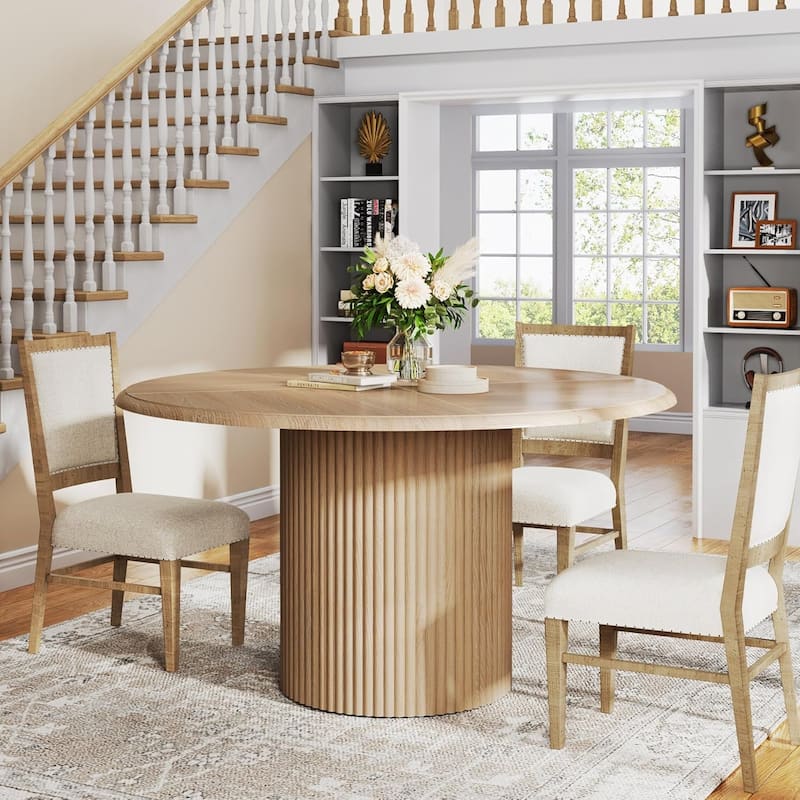 Round Dining Table Kitchen Table, Farmhouse Dinner Table with Metal Base