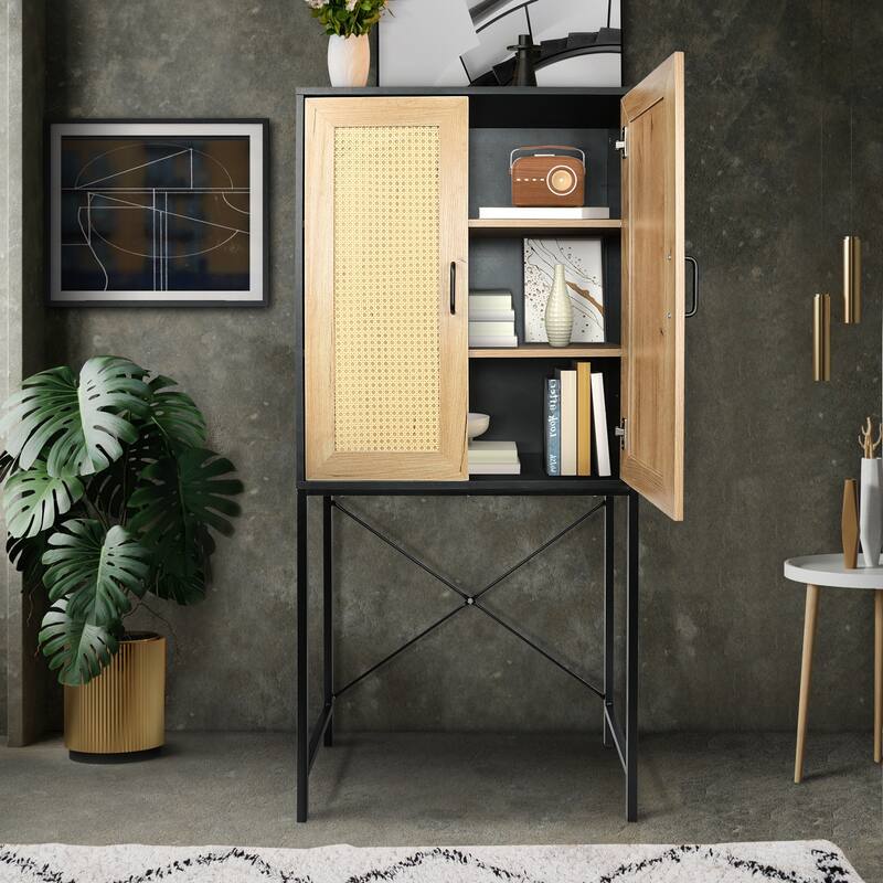 Elegant Cabinet with 2 Rattan Doors Bedroom Living Room Kitchen Cupboard Wooden Furniture with 3-Tier Shelving X-Shaped