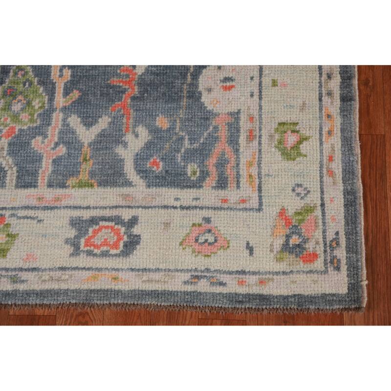 Hand Knotted Oriental 100% Wool Carpet Transitional Floral Navy Blue & Blues Oushak Runner Rug - 8' 10'' X 3' 0''
