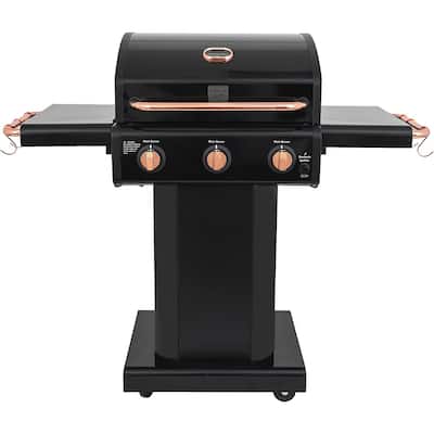 Kenmore 3-Burner Compact Propane Gas Grill with Foldable Side Tables in Black with Copper Accent