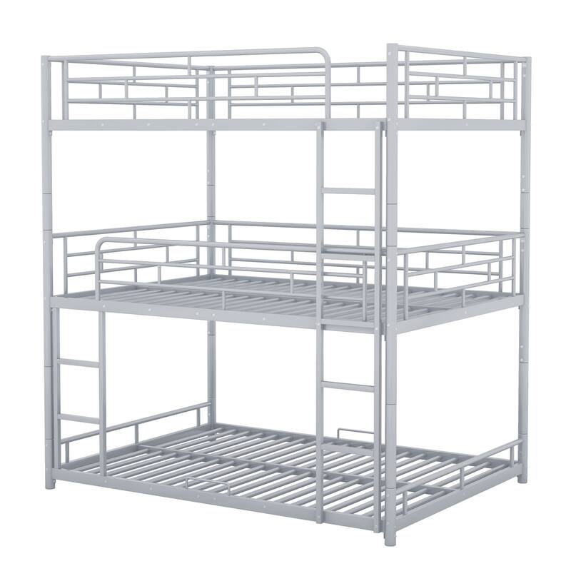 Metal Triple Bunk Bed with Built-in Ladders, Convertible into Platform Bedframe for 3 Kids Teens Adults, No Box Spring Required
