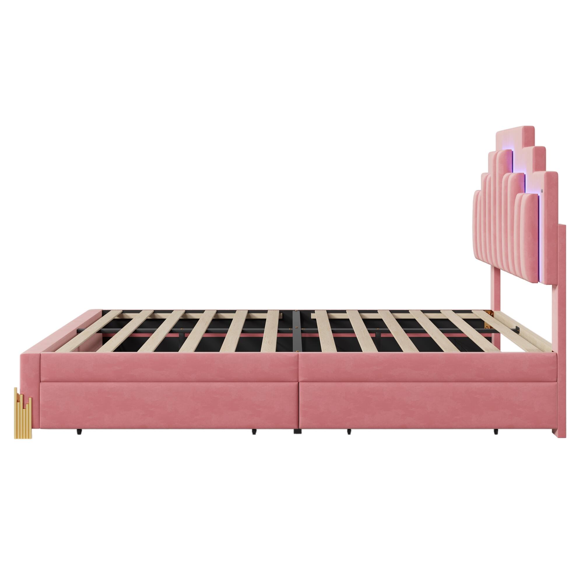 Pink Full Size Velvet Upholstered Platform Bed with 4 Drawers and 16