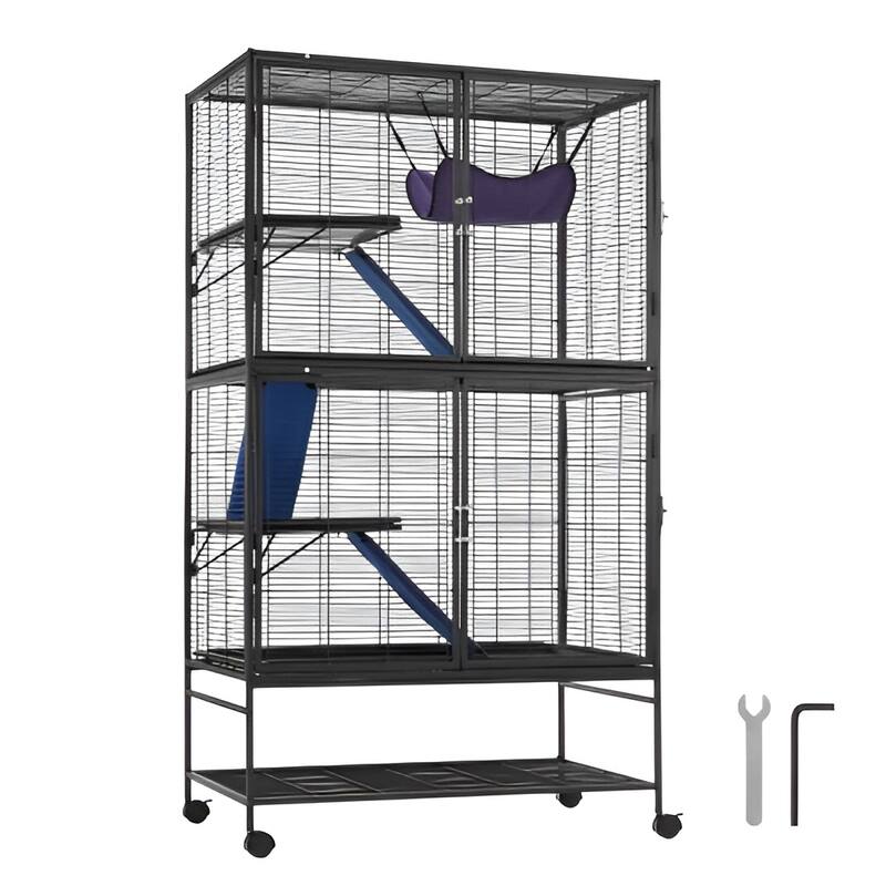 Black Iron & Plastic Ferret Cage with Hammock, Ramps & Storage Shelf - 36.2"x22.8"x64.6"