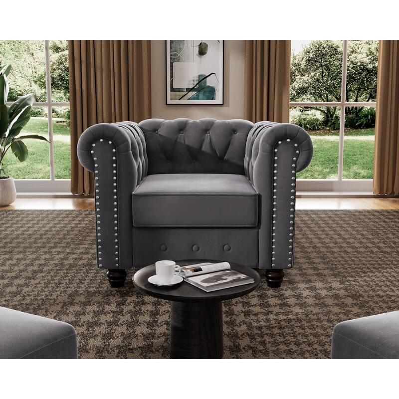Classic Tufted Velvet Upholstered Chesterfield Club Chair and Sofa 2 Pieces with Nailhead for Living Room by Morden Fort - Grey