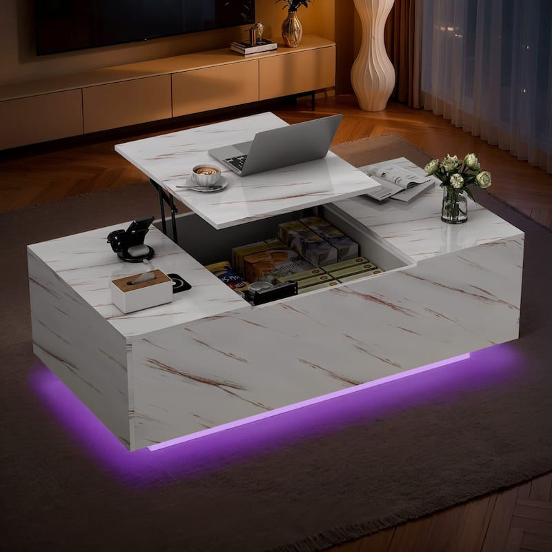 Meyreso Lift-Top Smart Marble Coffee Table with LED Light and Hidden Storage - White