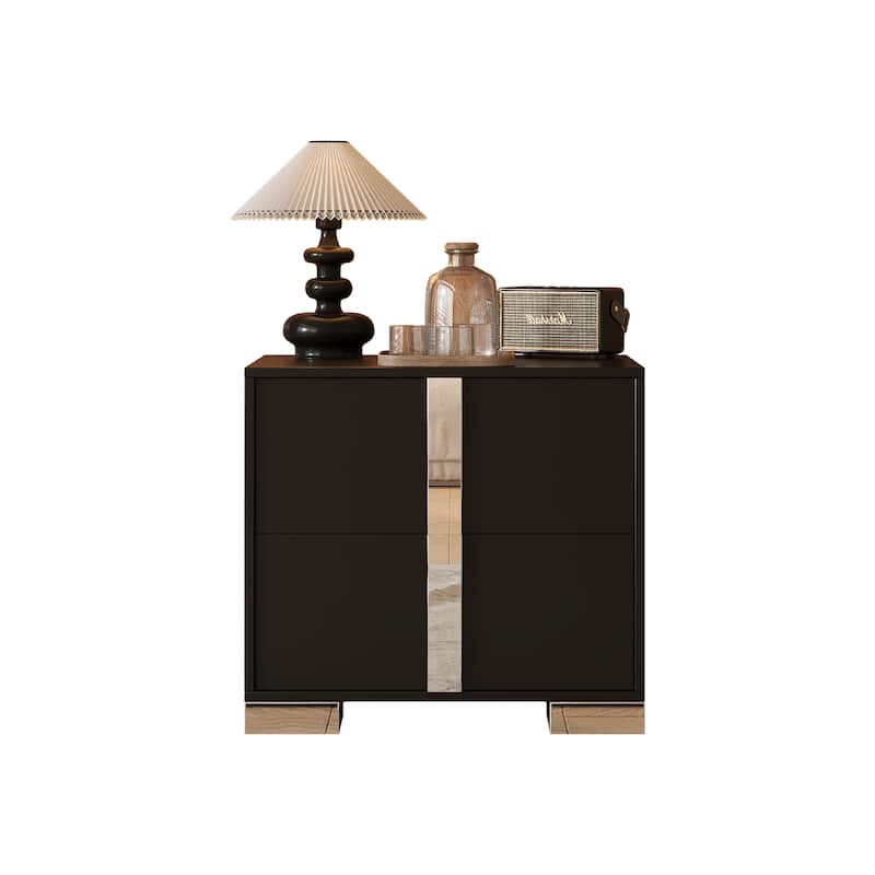 Elegant Mirrored 2-Drawer Nightstand with Metal Feet - Bedside Table for Bedroom/Living Room (Black)