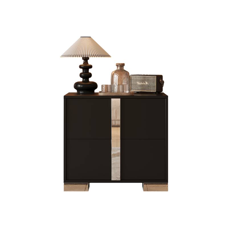 Elegant Nightstand with Metal Handle, Mirrored Bedside Table with 2 Drawers for Bedroom, Living Room, Black