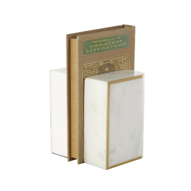 Marble Curved Rectangular Decorative Bookends with Gold Accents - Set of 2 White - Roche River Decor