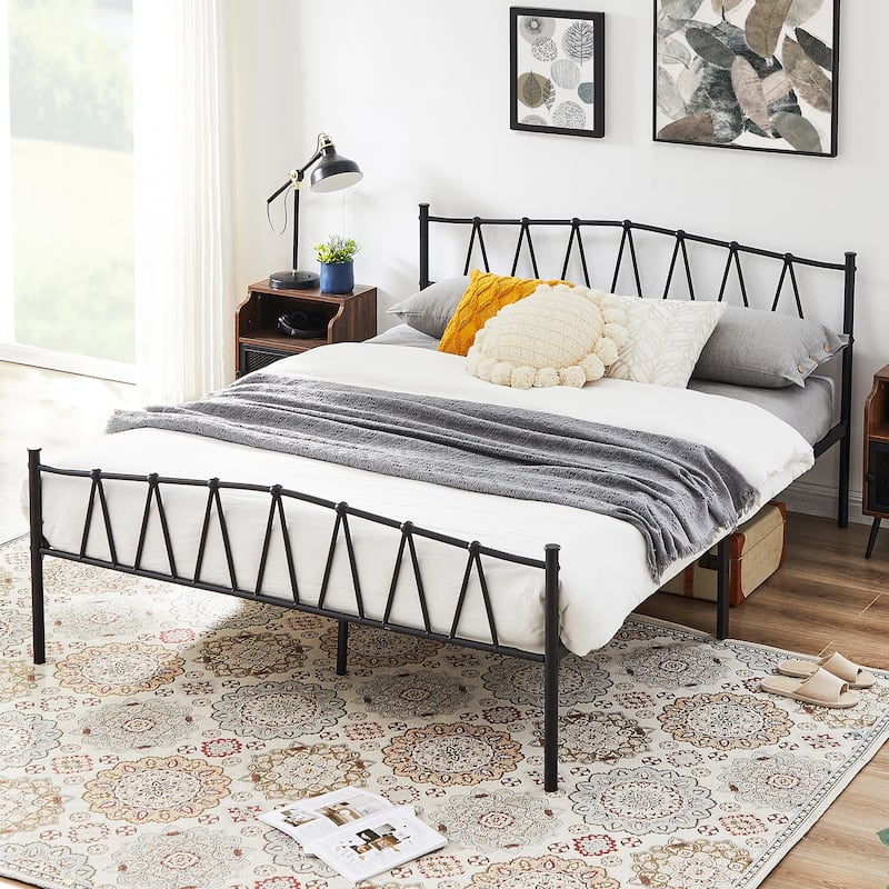 Industrial 3 Piece Bedroom Set Black Platform Bed Frame and Modern Brown Nightstands Set of 2