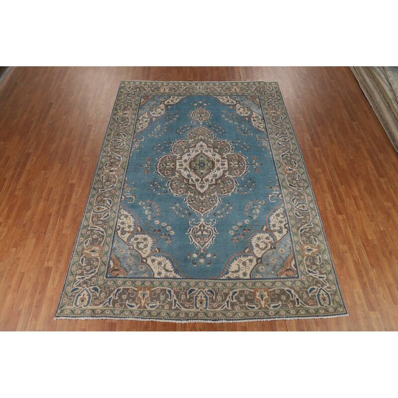 Blue Tabriz Persian Area Rug Handmade Oriental Vintage Wool Carpet - 8'2"x 11'4"