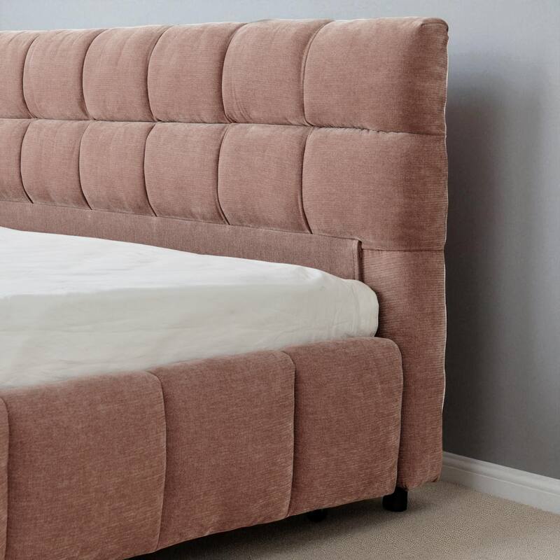 King Upholstered Platform Bed, Chenille Fabric, Headboard, Solid Frame, Under-Bed Storage Drawer, Modern Low-Profile