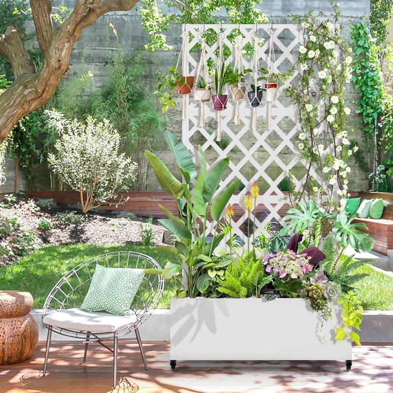 White Metal Raised Garden Bed Planter Box with Trellis Wheels for Indoor Outdoor - 35'' W X 16'' D x 73” H