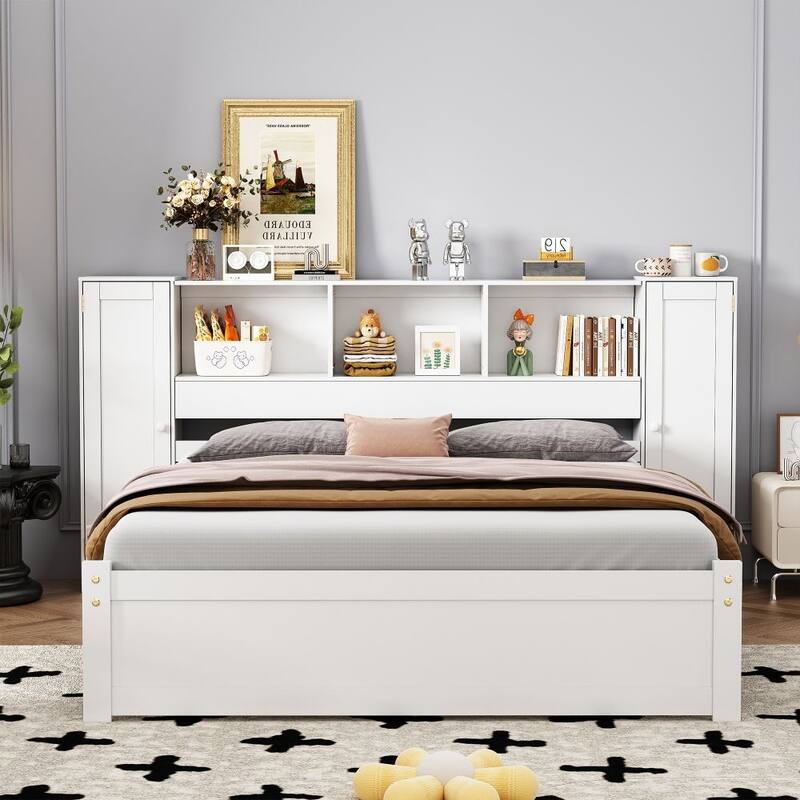 Platform Bed with Storage Headboard and Lockers - White - Full