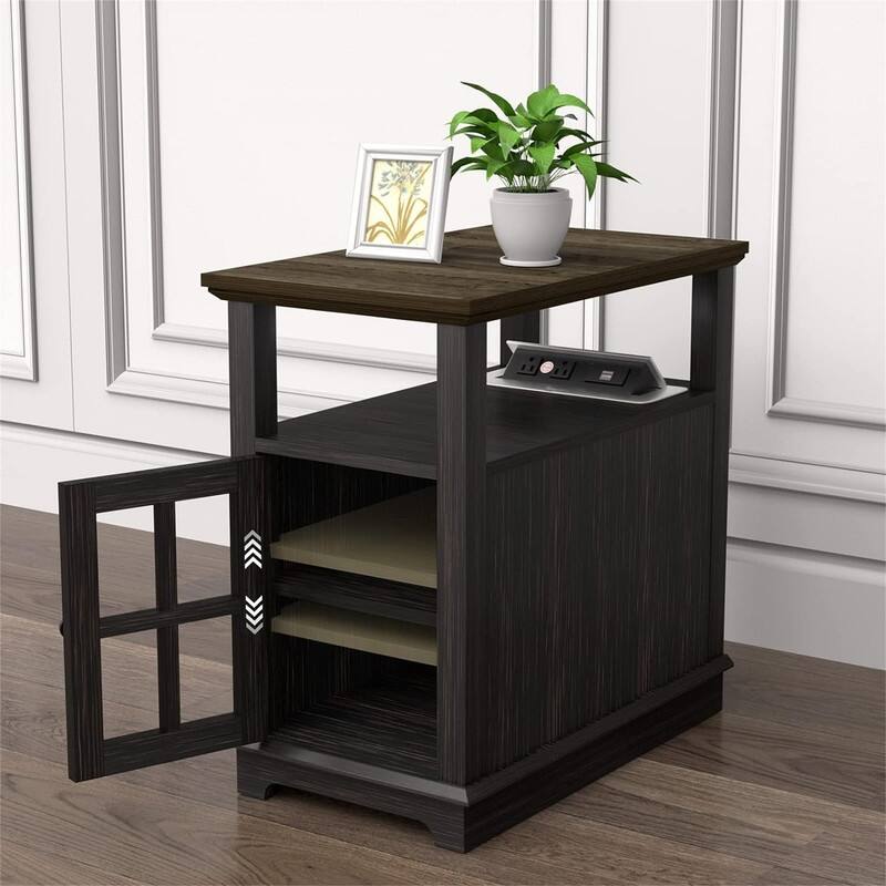 End Table with Hidden Charging Station - 23.6"D x 14"W x 23.6"H - Black Antique