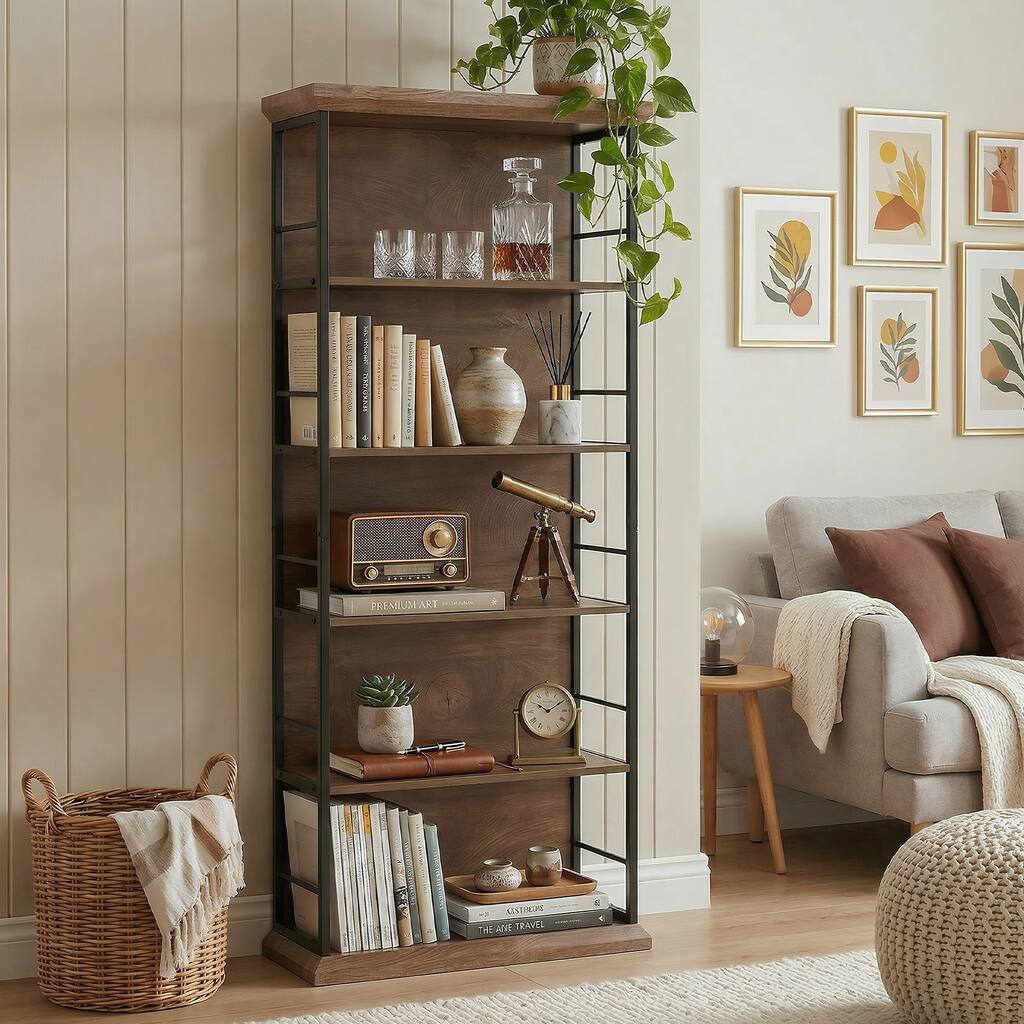 70.86" H 5-Tier Modern Bookcase | Wood & Metal Storage Shelf for Living Room & Office
