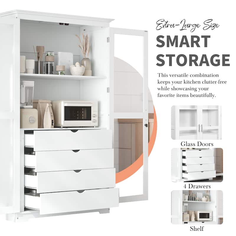 Pantry Cabinet with Glass Door, 2 Shelves & 4 Built-in Drawers, Kitchen Pantry Storage Cabinet, Freestanding Kitchen Cupboard