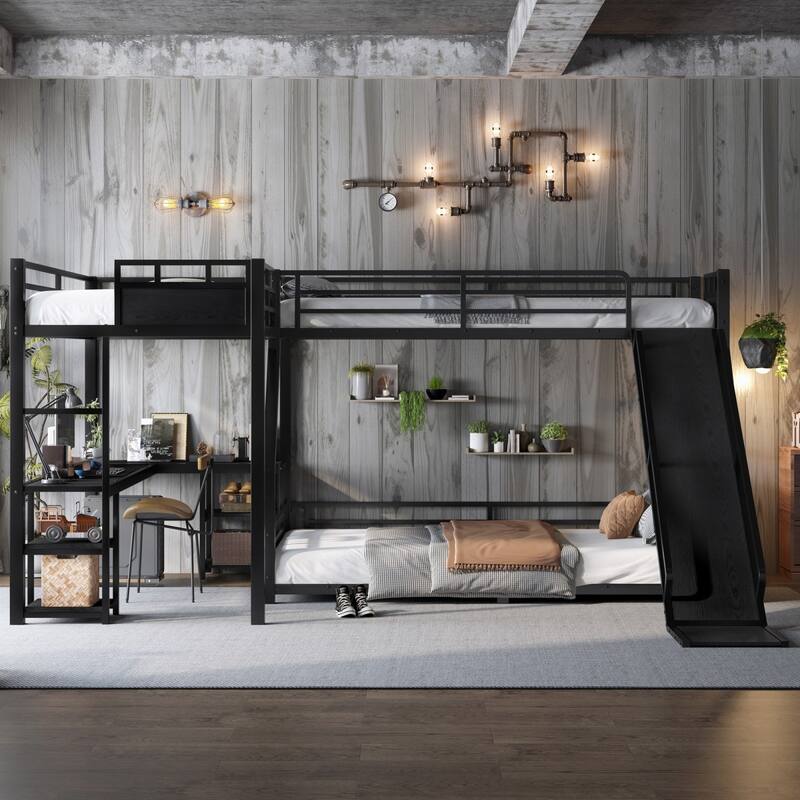 L-Shaped Metal Bunk Bed and Loft Bed with Desk, Storage Shelves and Slide
