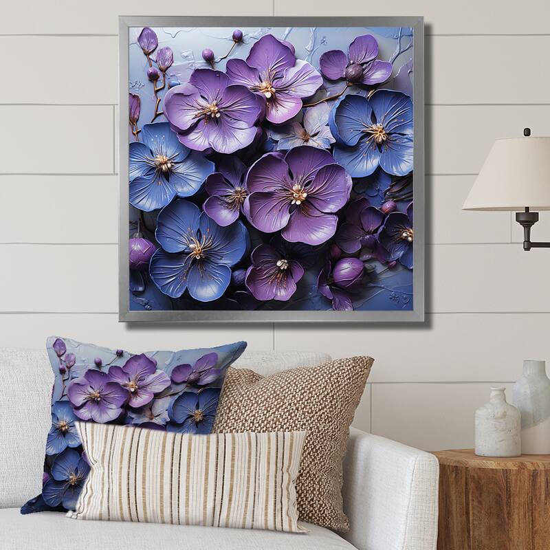 Designart "Royal Elegance " Violets Framed Canvas Prints - 30 in. wide x 30 in. high - Silver