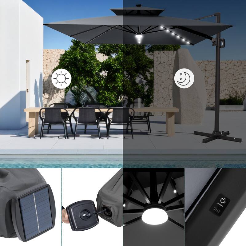 9 X 11 FT Outdoor Patio Cantilever Umbrella with Solar Lights 4-Piece Premium Base Double Canopy 360 Rotation Tilt