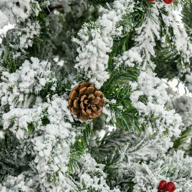 9' Snow Flocked Pencil Christmas Tree with Red Berries, Pine Cones, & Realistic Branches, Auto Open, Green
