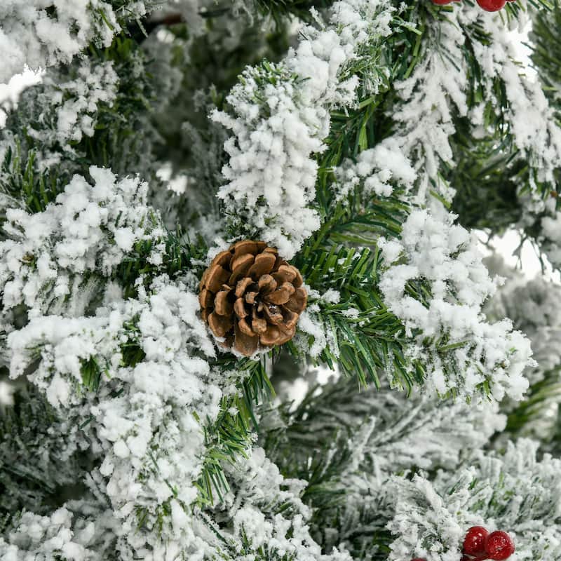9FT Snow Flocked Pencil Christmas Tree with Pinecones and Red Berries
