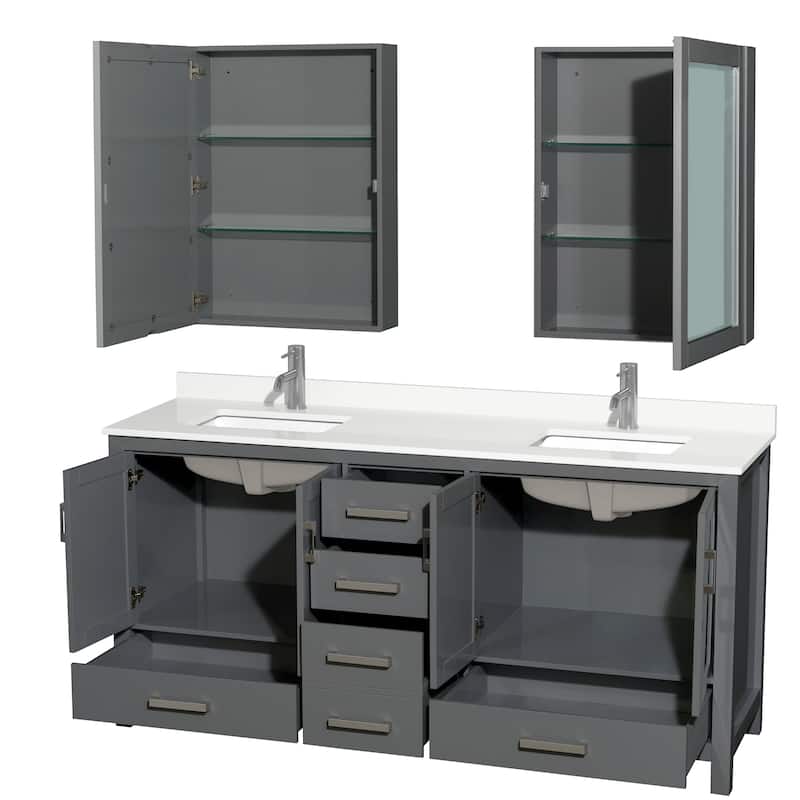 Sheffield 72-inch Double Vanity, Single Hole Quartz Top, Med Cabinets