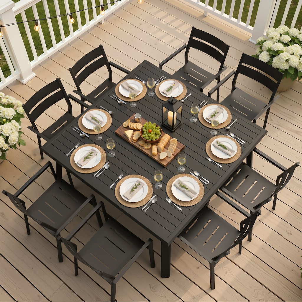 9-Piece Outdoor Patio Dining Set All-Weather Aluminum Square Table with Umbrella Hole and Stackable Chairs