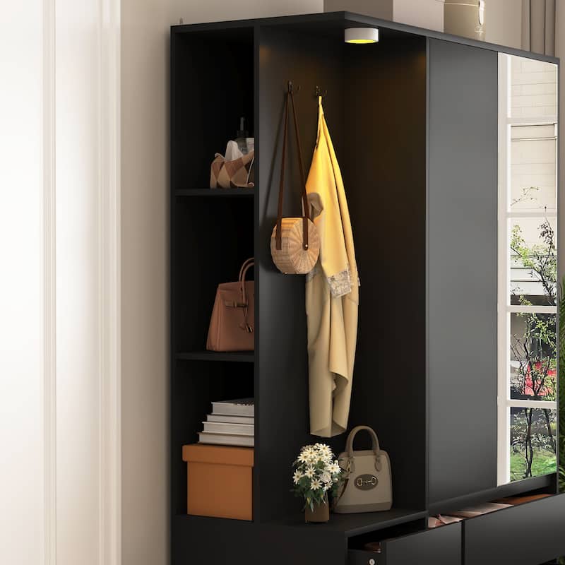 Black Wardrobe Armoire Closet with 2 Doors, Clothing Storage Cabinet with 6 Drawers and Hanging Rail