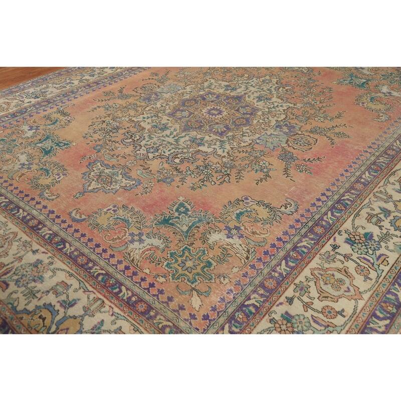 Vegetable Dye Tabriz Persian Vintage Area Rug Handmade Wool Carpet - 9'5" x 12'3"
