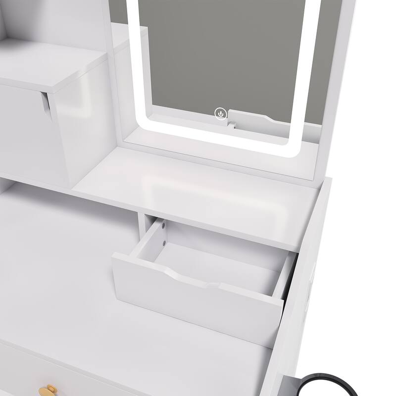 3-Color LED Vanity Mirror with Stool, Pink Dressing Table for Bedroom, 2 Drawers & 5 Storage Cabinets (4 Open + 1 Hidden)