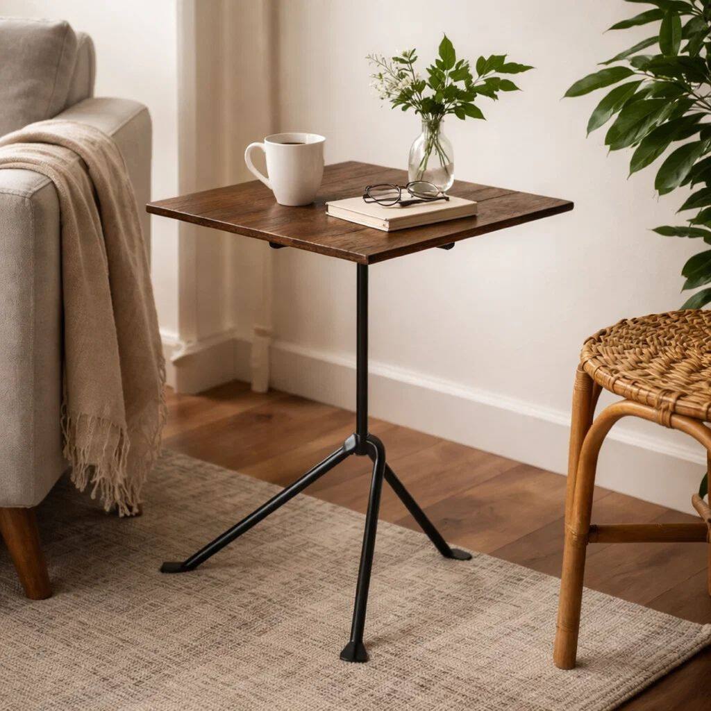 20 Inch Modern Square Accent Table, Gray Metal Tripod Base, Dark Brown Wood