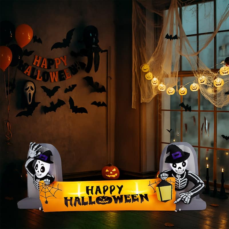 Outdoor Halloween Inflatable Banner 9.6 ft with Glowing LED Skeletons Tombstone Decoration