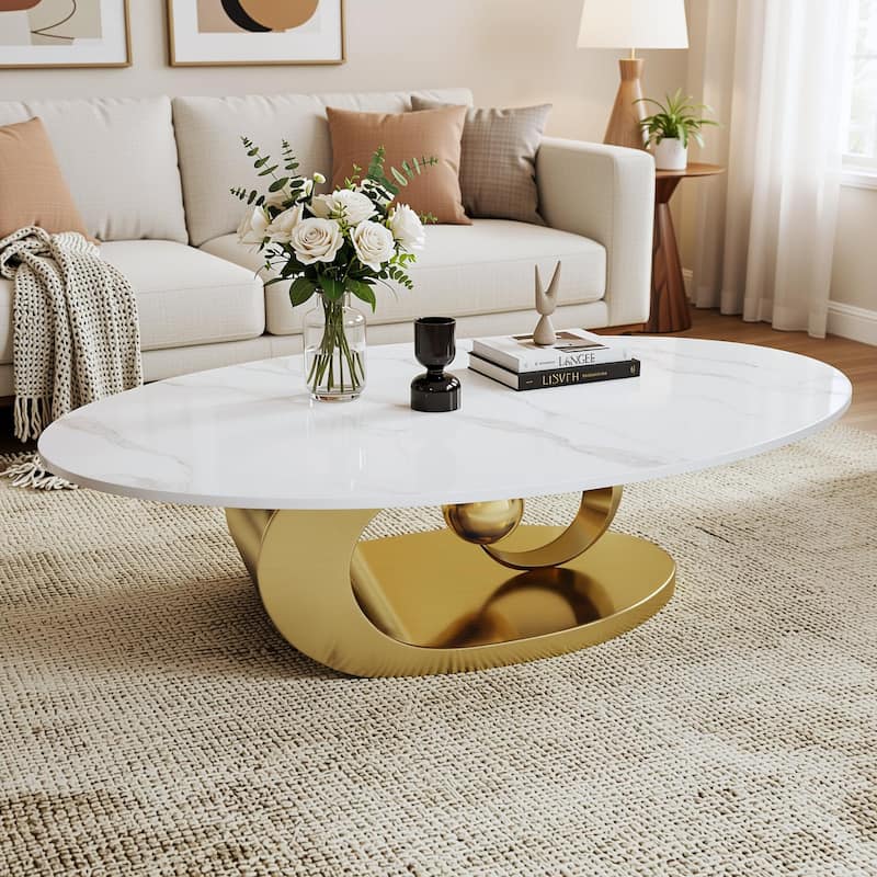 Homy Casa Luxury Oval Coffee Table, High-Gloss Faux Marble Top, Electroplated Brushed Stainless-Steel Sculptural Christmas Gift