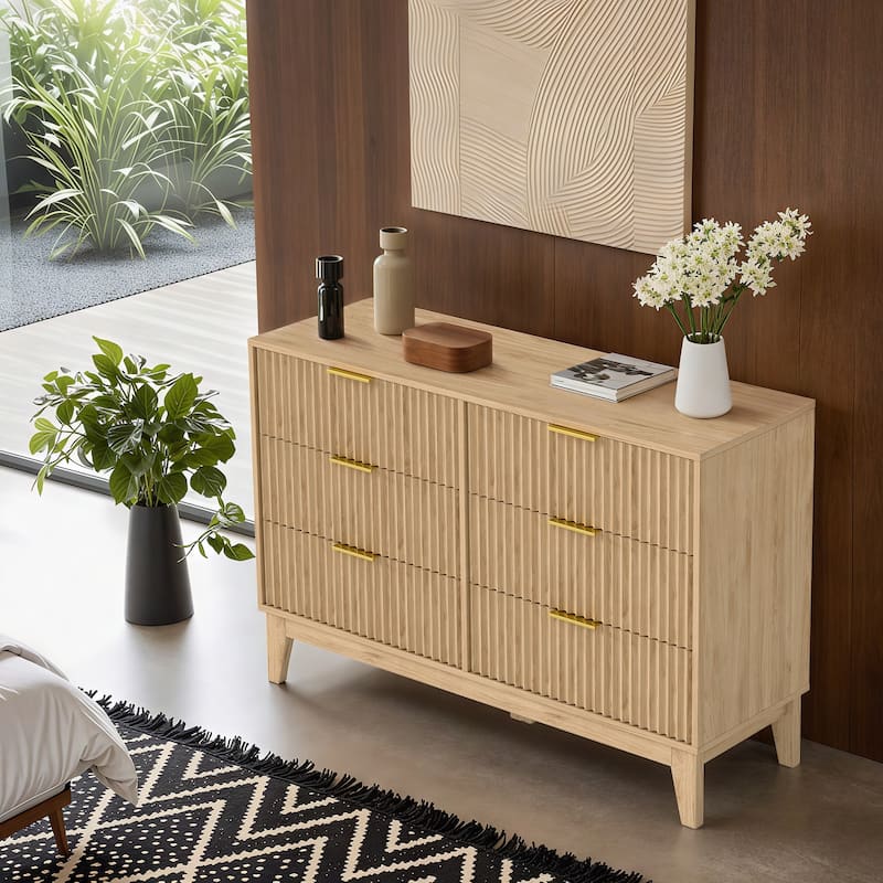 EROMMY Fluted Dresser 6 Drawer Mid Century Modern Dresser Wide Chest of Drawers with Metal Handles for Bedroom Living Room