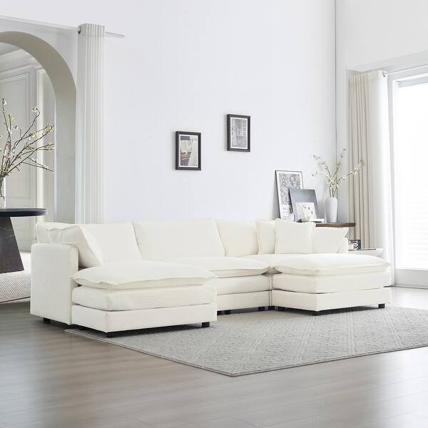 UShaped White Sectional Sofa Livingroom Sleeper Couch with 2 Ottomans