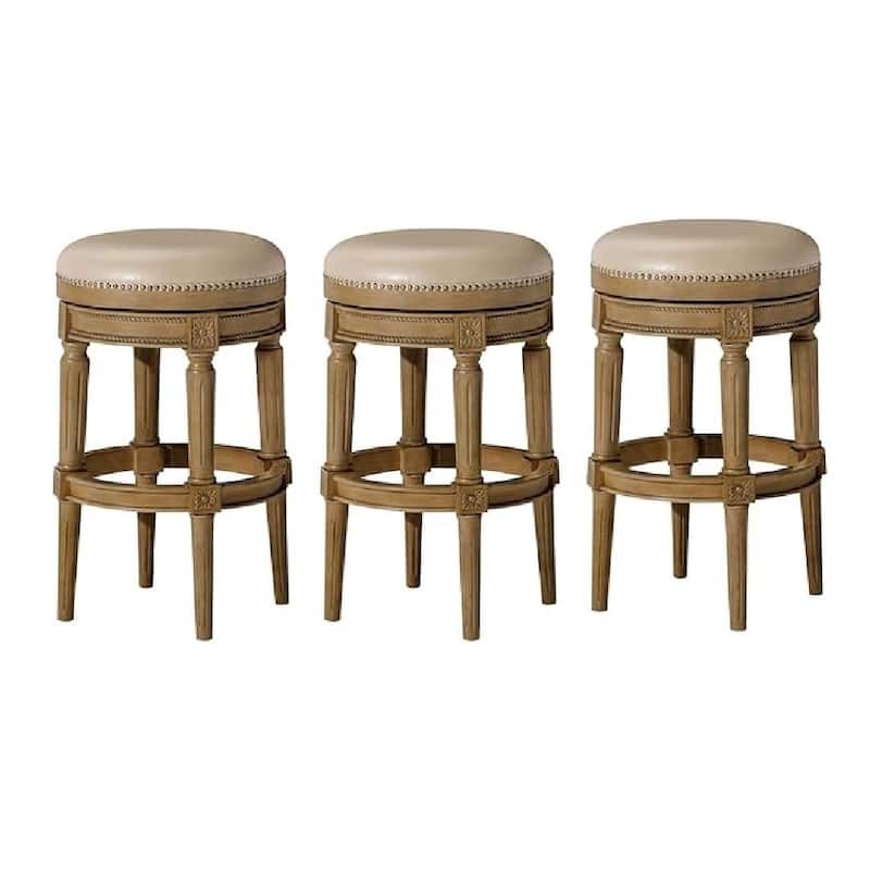 Maven Lane Pullman Backless Swivel Kitchen Stool - Set of 3 - Weathered Oak Vegan Leather - Bar Height
