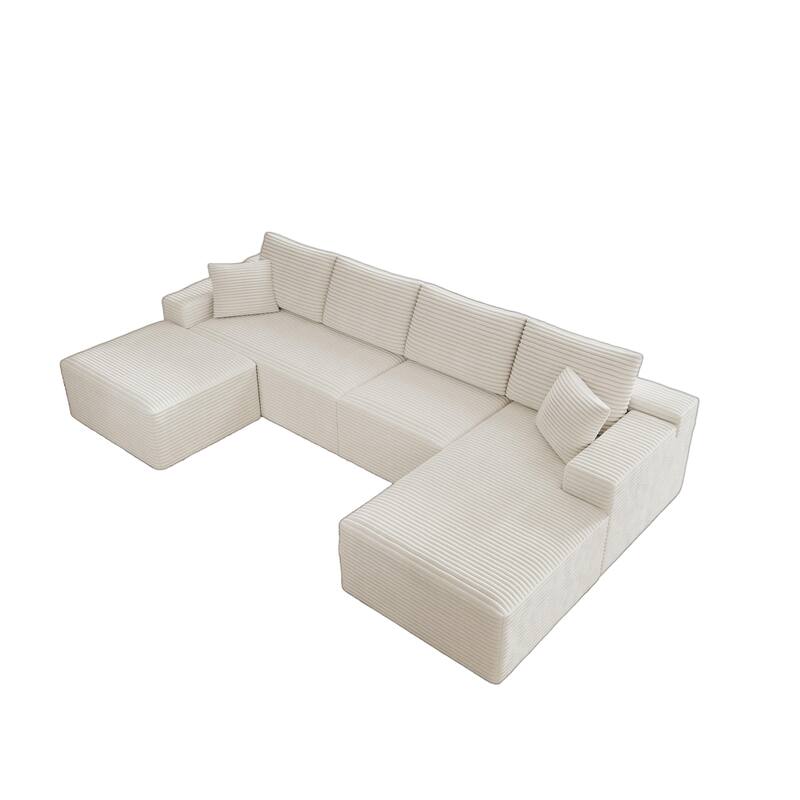 Roomfitters 131.9" Modular Sectional Sofa, 4-Piece Compressed Cloud Couch, No Assembly Required, Plush Corduroy, White
