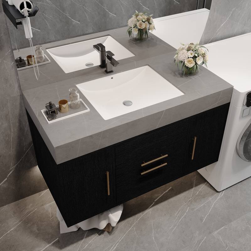 39.4 Inches Single Floating Bathroom Vanity with Faux Marble Top, Ceramic Sink, 2 Multi-layer Solid Wood Drawers & 2 Cabinets