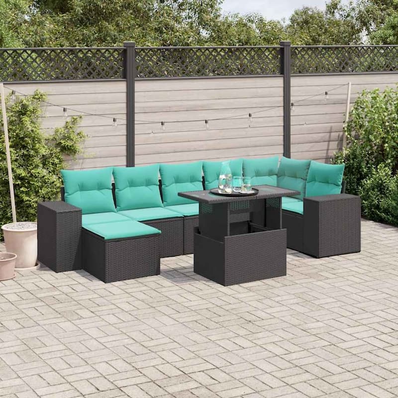 vidaXL Patio Sofa Set with Cushions Table and Couches 8 Piece Poly Rattan - Black without storage - 24.4" x 24.4" x 27.2"