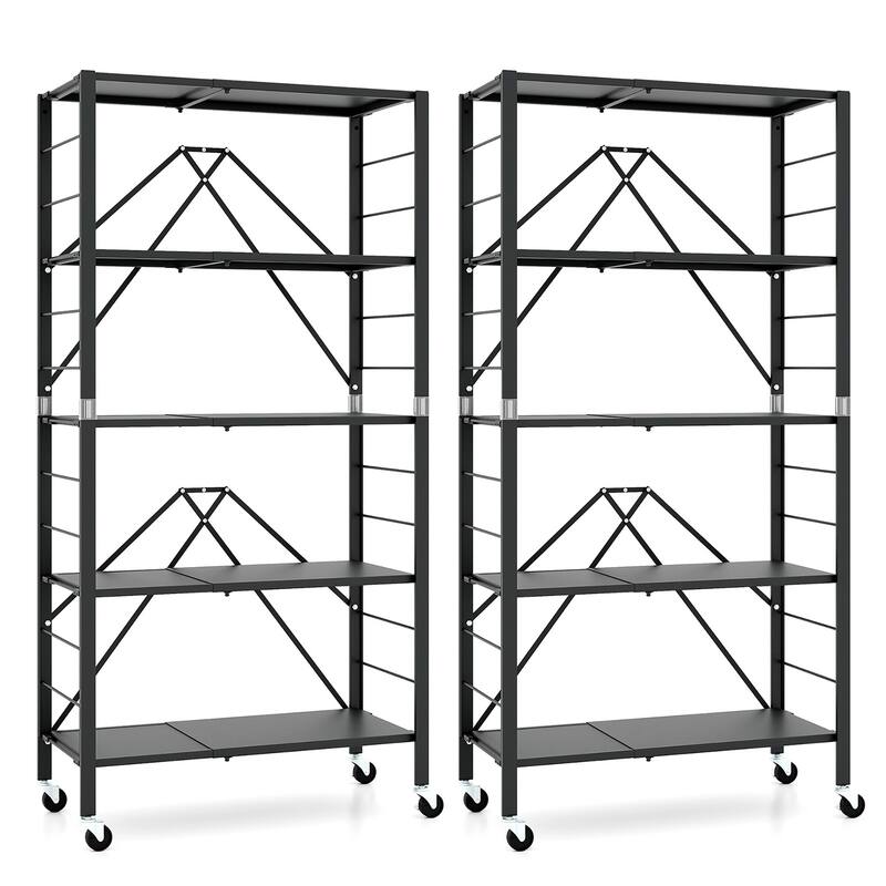 Gymax 2PCS Foldable Storage Shelf w/ Wheels Adjustable Shelves Metal - Black