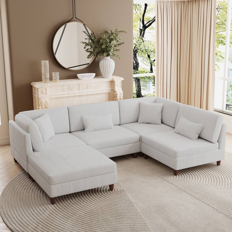 Corduroy Convertible Couch Modular Sectional Sofa with Ottoman