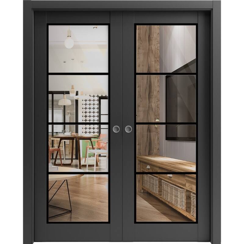 French Double Pocket Doors 36x80 Lucia 2466 Matte Black Kit Trims Rail - Black - 60" x 80" ( 2* 30x80)